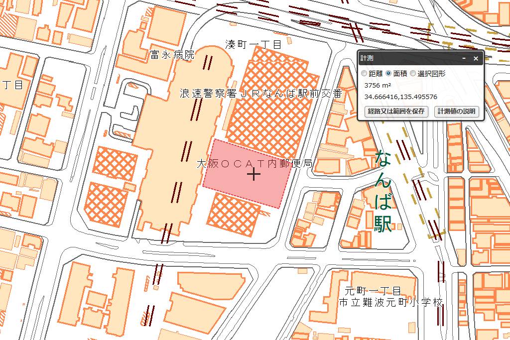 アパホテル＆リゾート 難波駅前タワーの敷地面積を計測 (電子国土地図を使用)