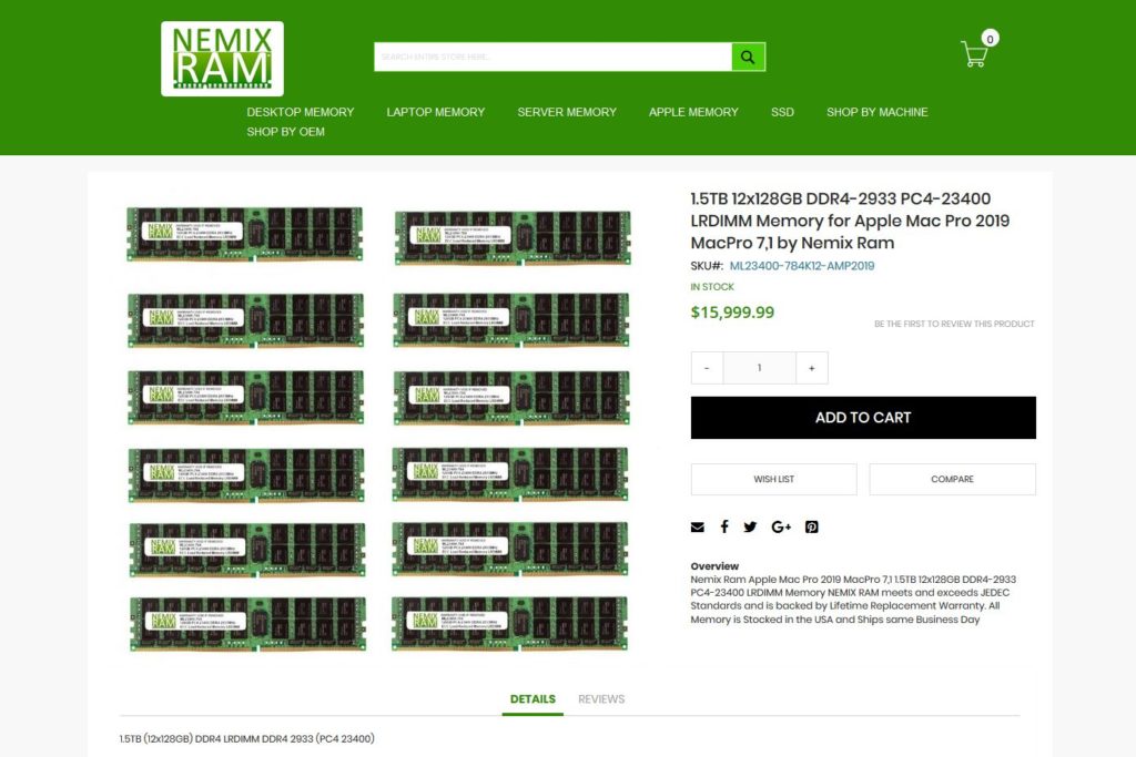 NEMIX RAM 12x128GB DDR4-2933 PC4-23400 LRDIMM Memory