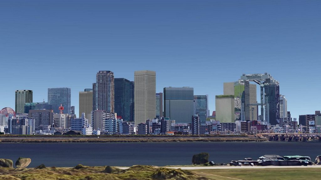 Buildings of Umeda from Yodo-gawa river side.